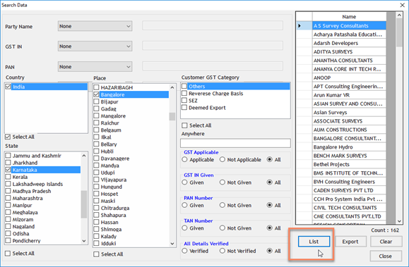 List Searched Content in GST Billing Software
