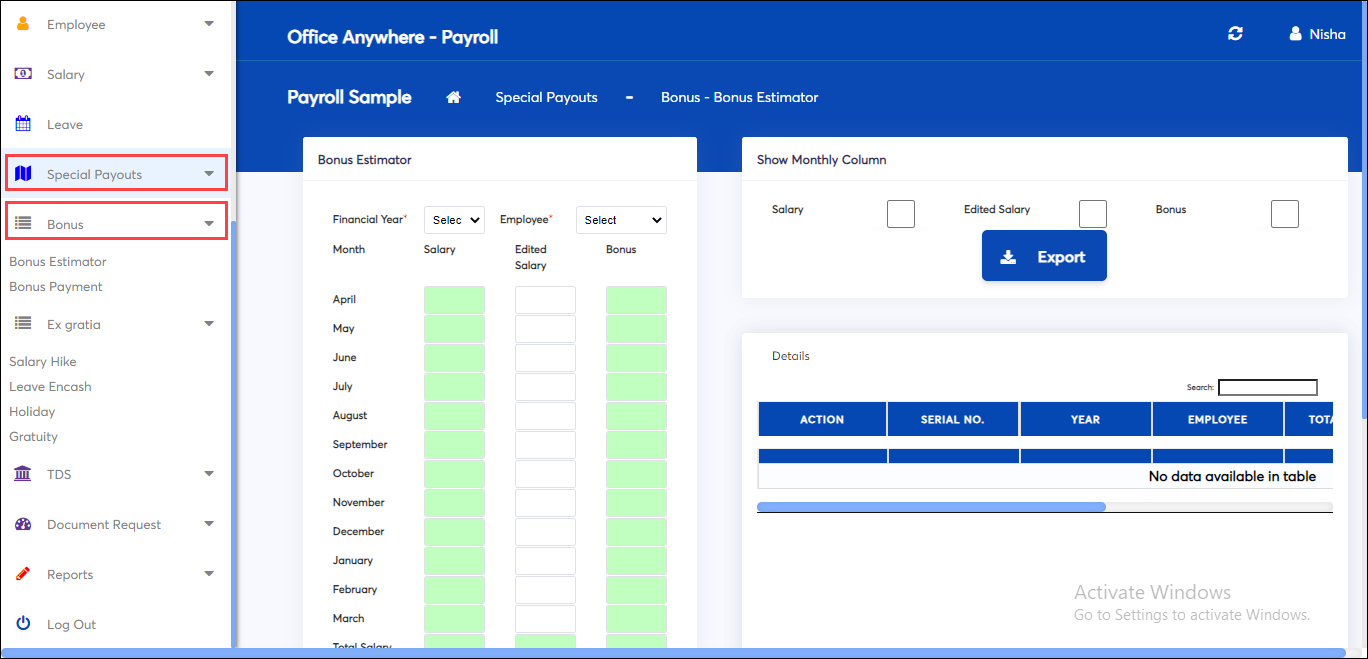 Bonus amount screen in online payroll software