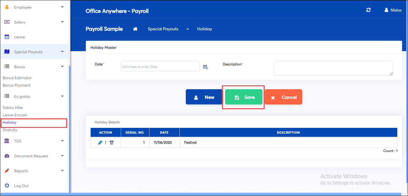 Save holiday details in payroll software online