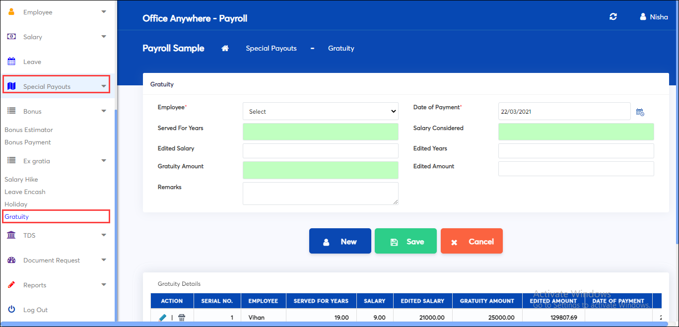 Gratuity settings in payroll software