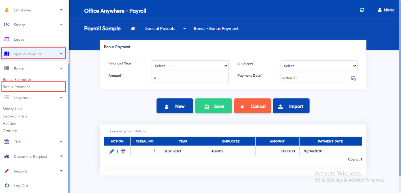 Create bonus payment in payroll online app