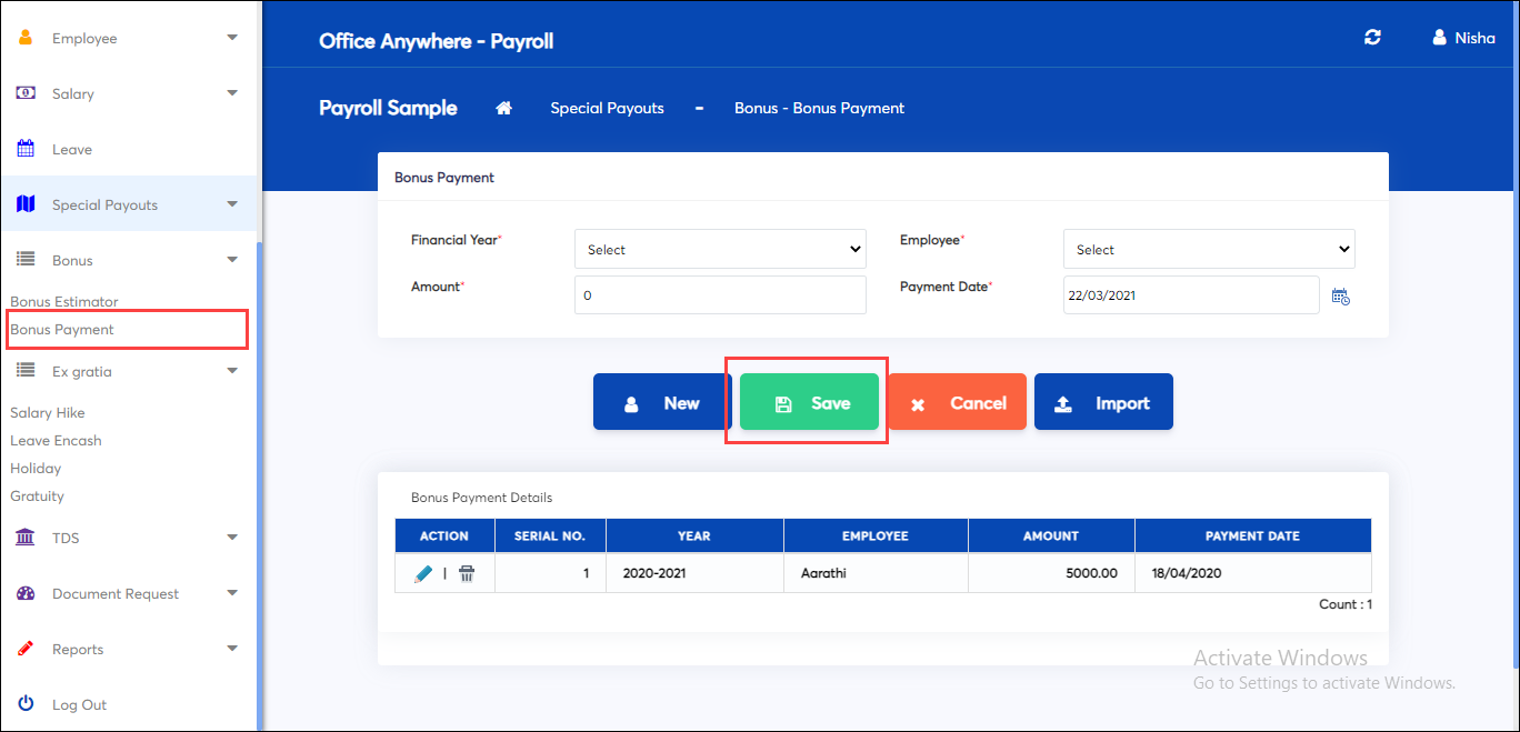 add bonus payment details in payroll software online