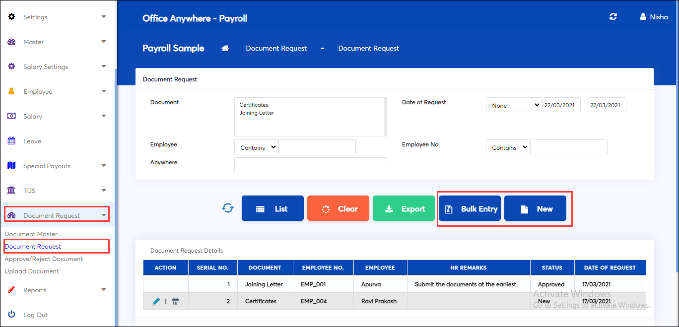 Request to upload documents in payroll software online