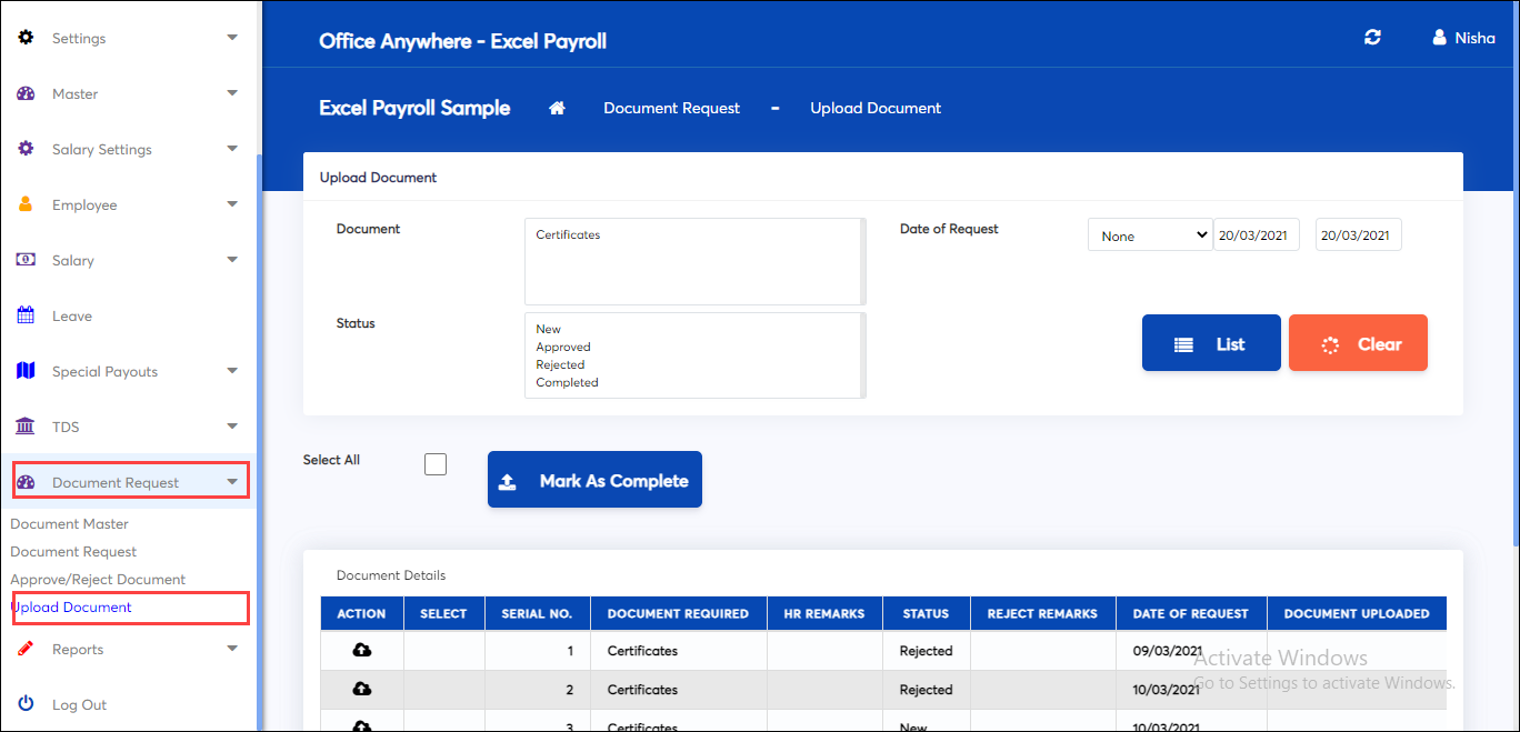 Upload documents in employee document request screen