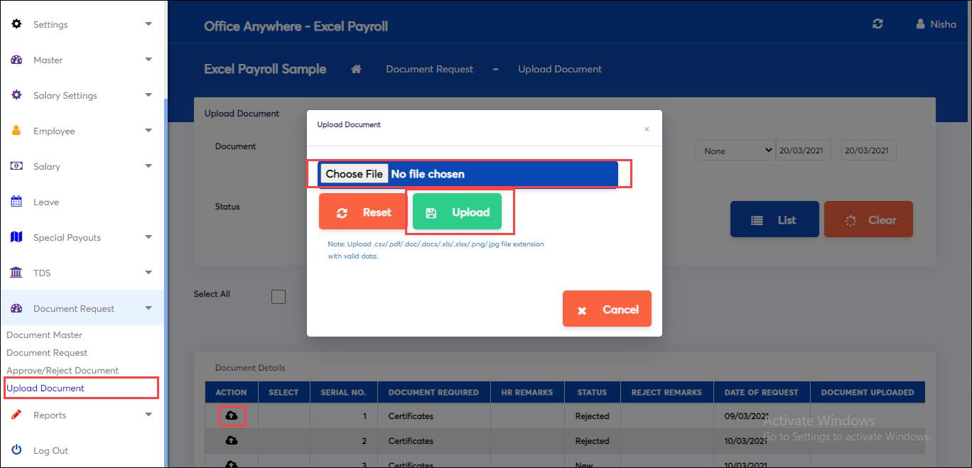 Choose file to upload document in online payroll software