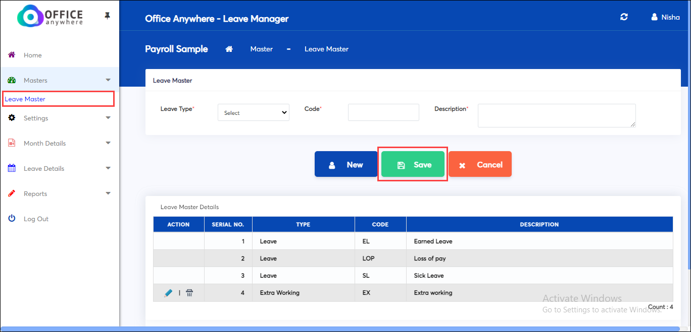 Save employee leave details in Leave master