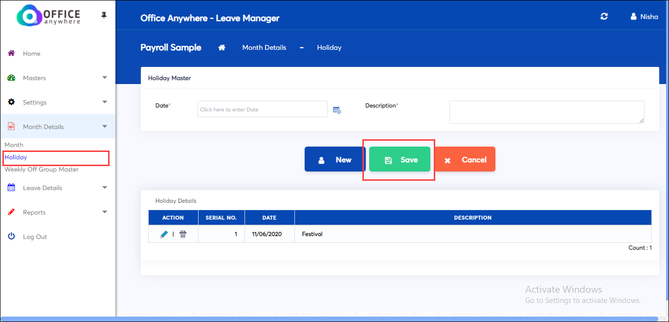 Save holiday details in Leave master of payroll application