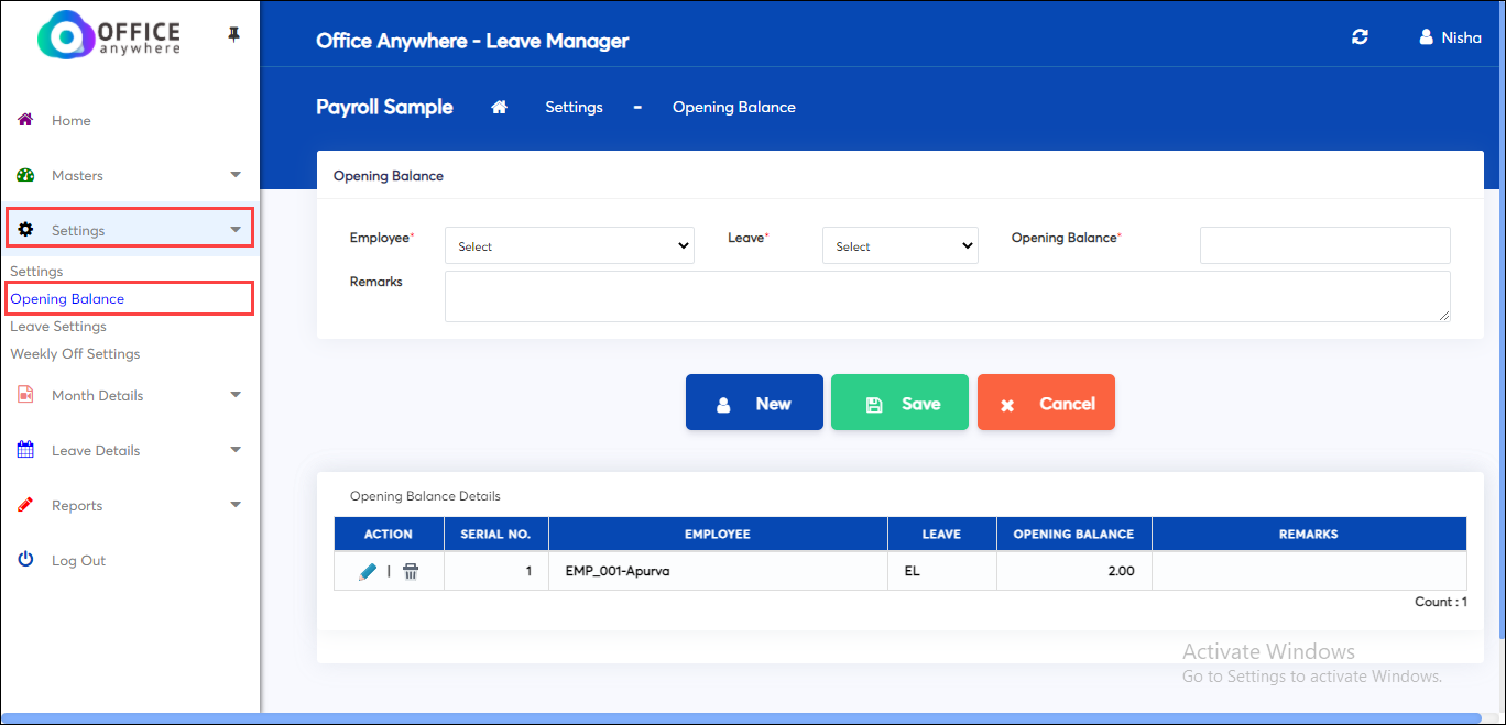 Opening balance in Leave settings screen of Payroll