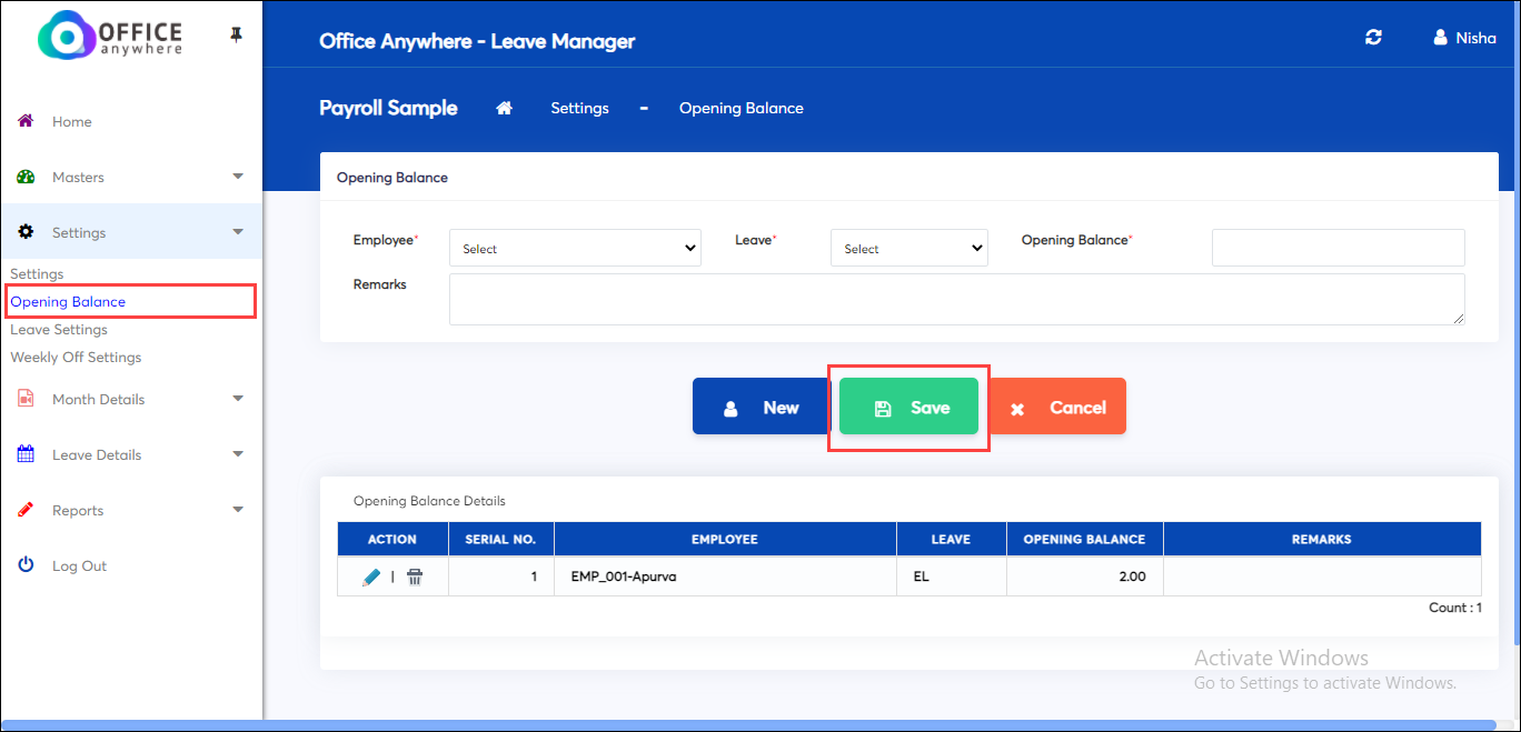 Save opening balance in Leave settings screen of Payroll