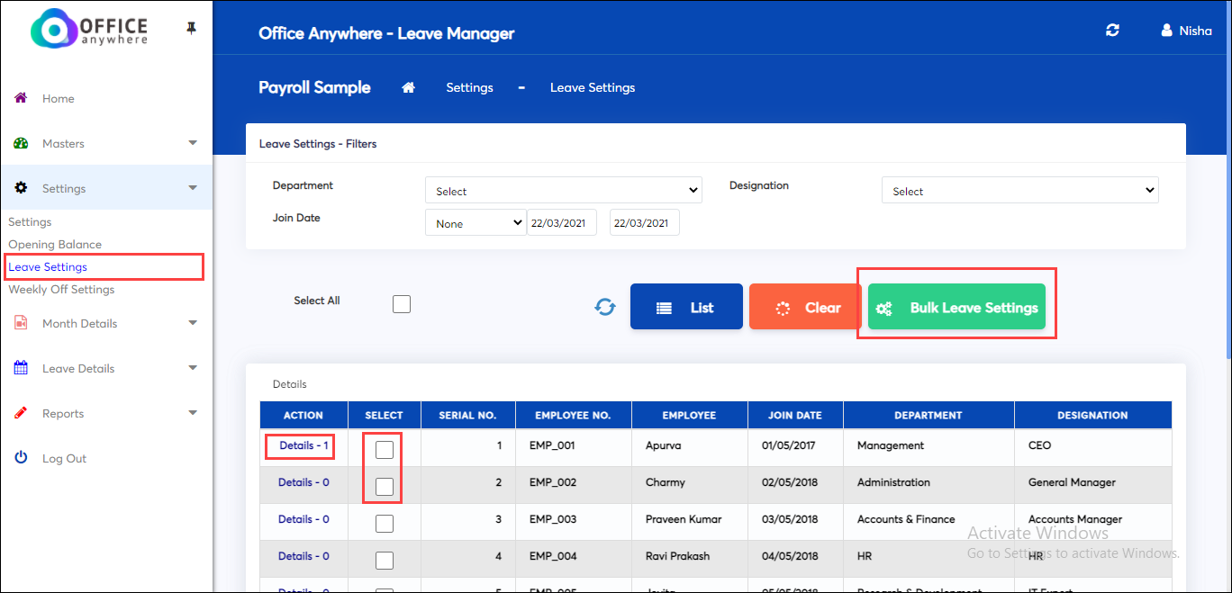 Bilk leave settings in online payroll software