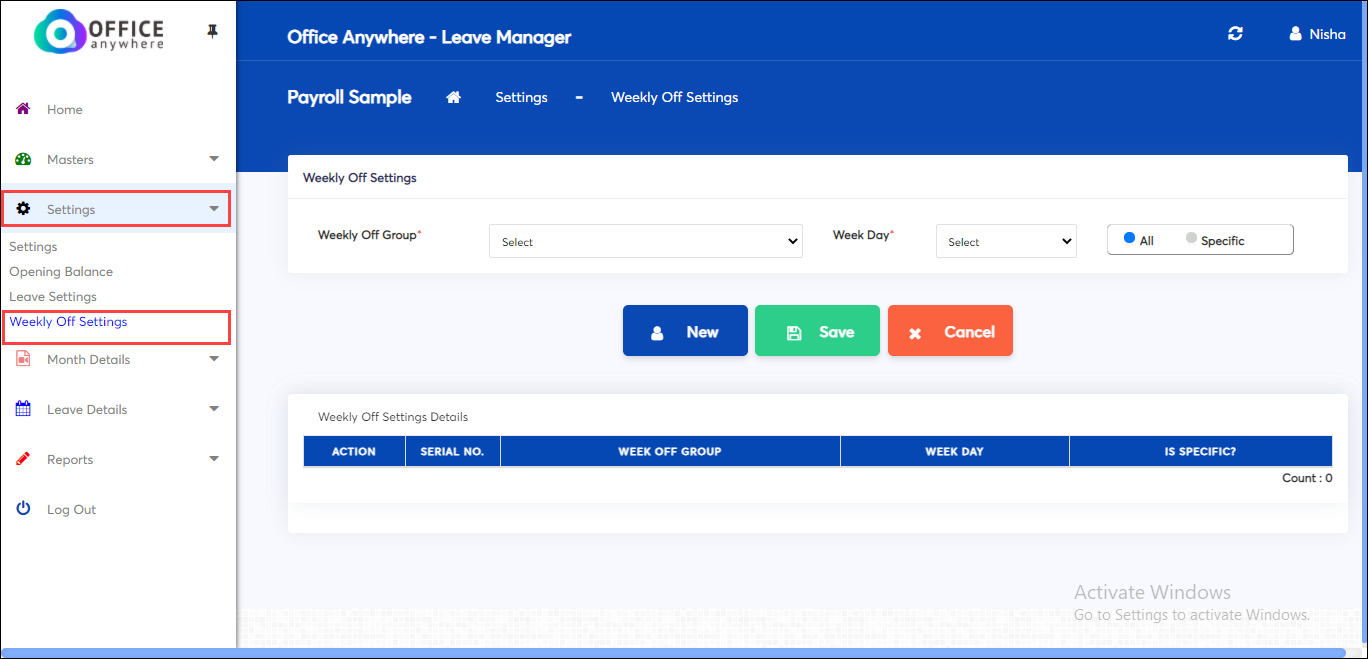 Week off settings in payroll Leave settings