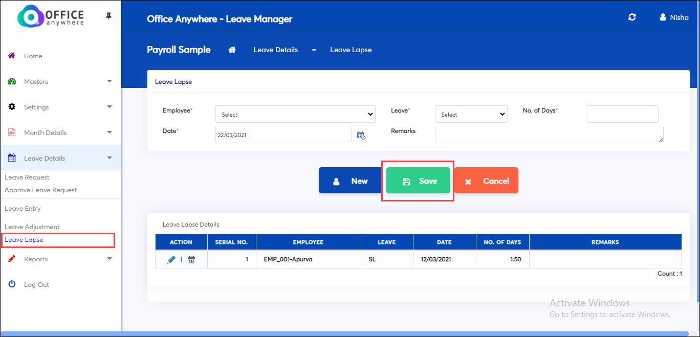 Save leave lapse details for online payroll app