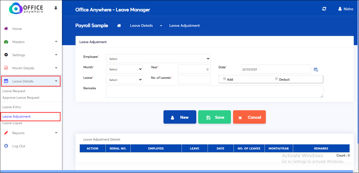 Leave adjustment of Leave details settings in Online payroll app