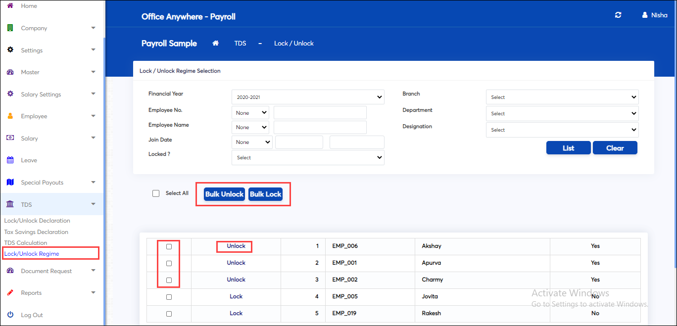 Bulk lock or bulk unlock regime in employee TDS calculation screen of
payroll software