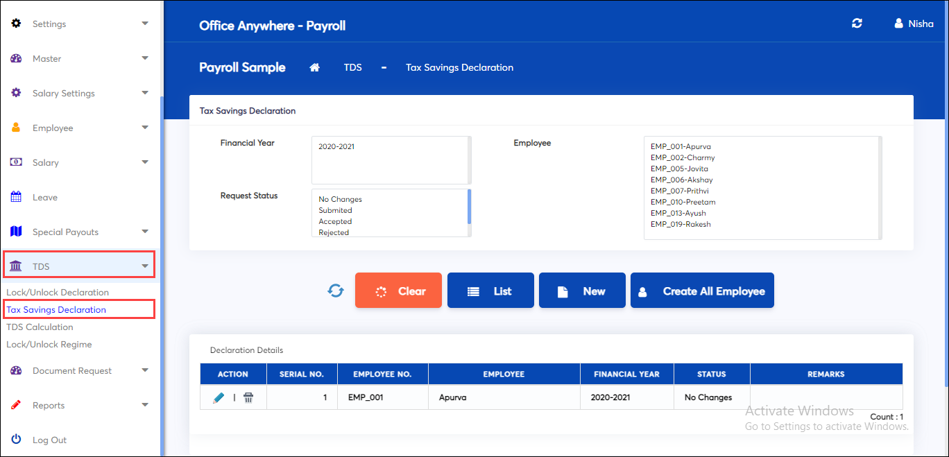 Tax saving declaration in payroll software online