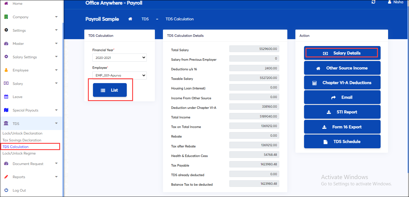 Calculate TDS in online payroll software