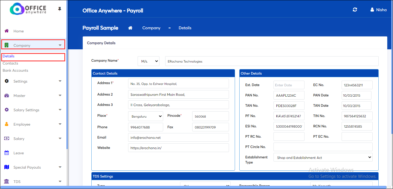 Company details in company master screen of payroll application