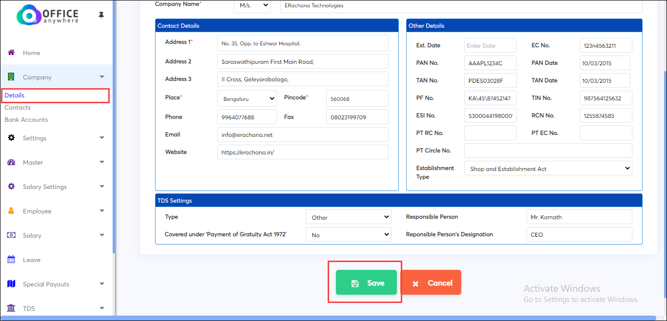 Add company details and save in company master screen of online
    payroll application