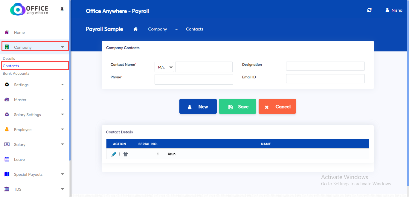 Add company contacts in company master of payroll application