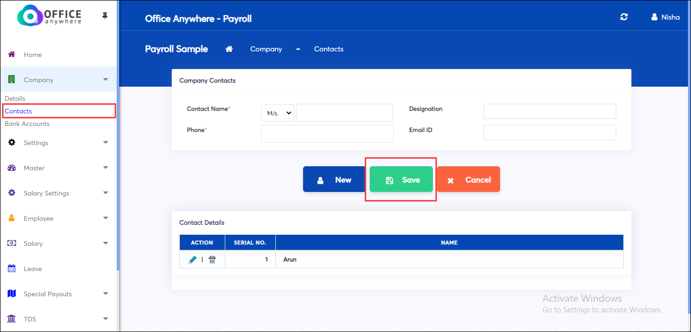Save company contacts in company master of payroll application