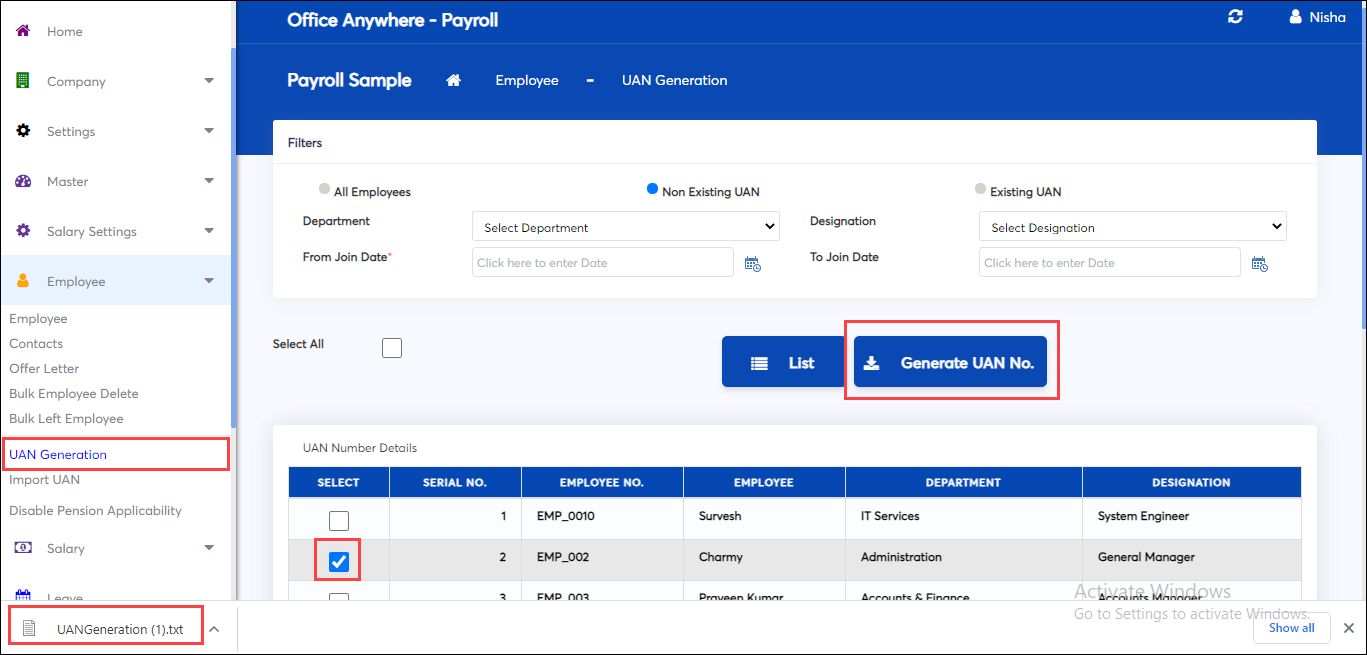 UAN generation screen of Online payroll application