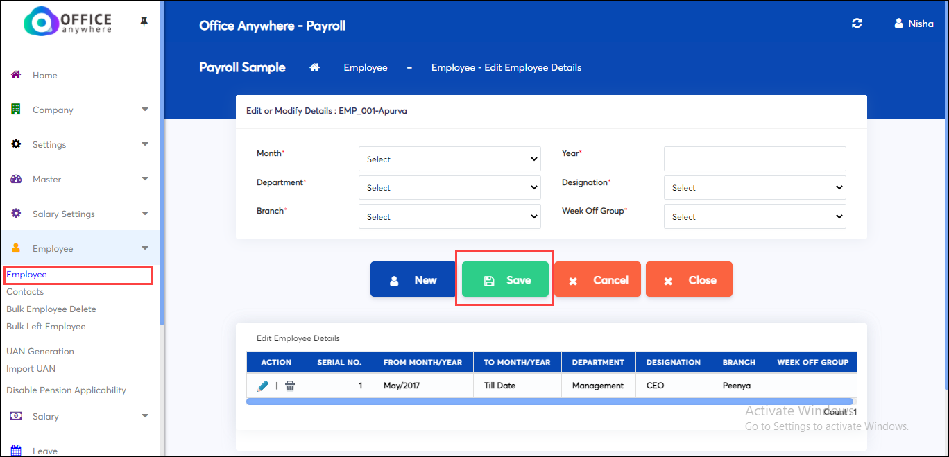 Save designation, department, branch in employee details screen of
    payroll app