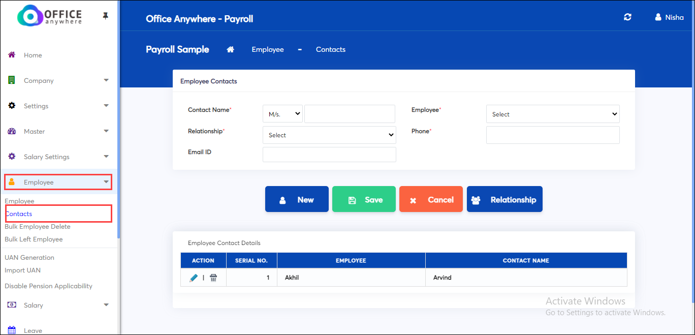 Employee contact details in Payrool app online