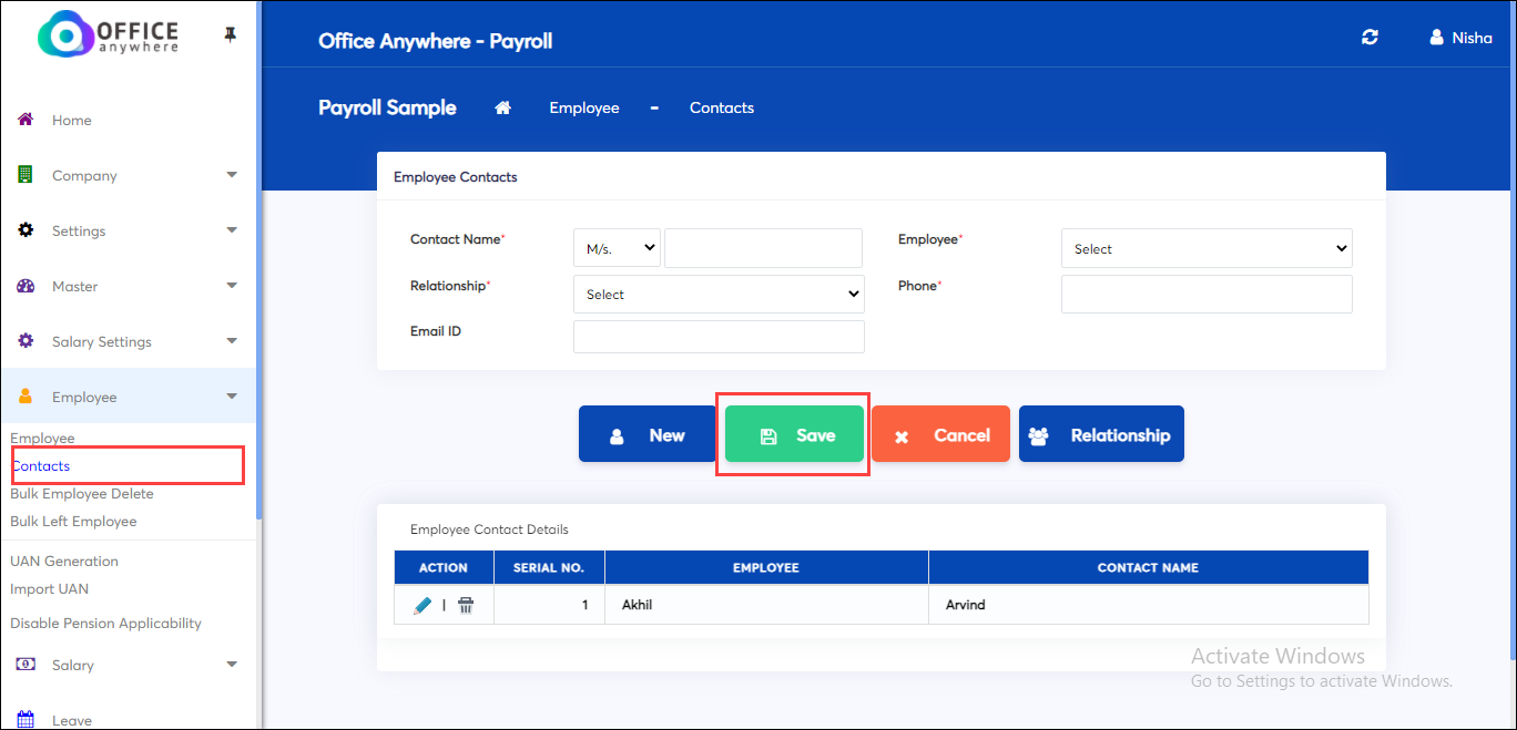 Save employee contact details in Payroll application