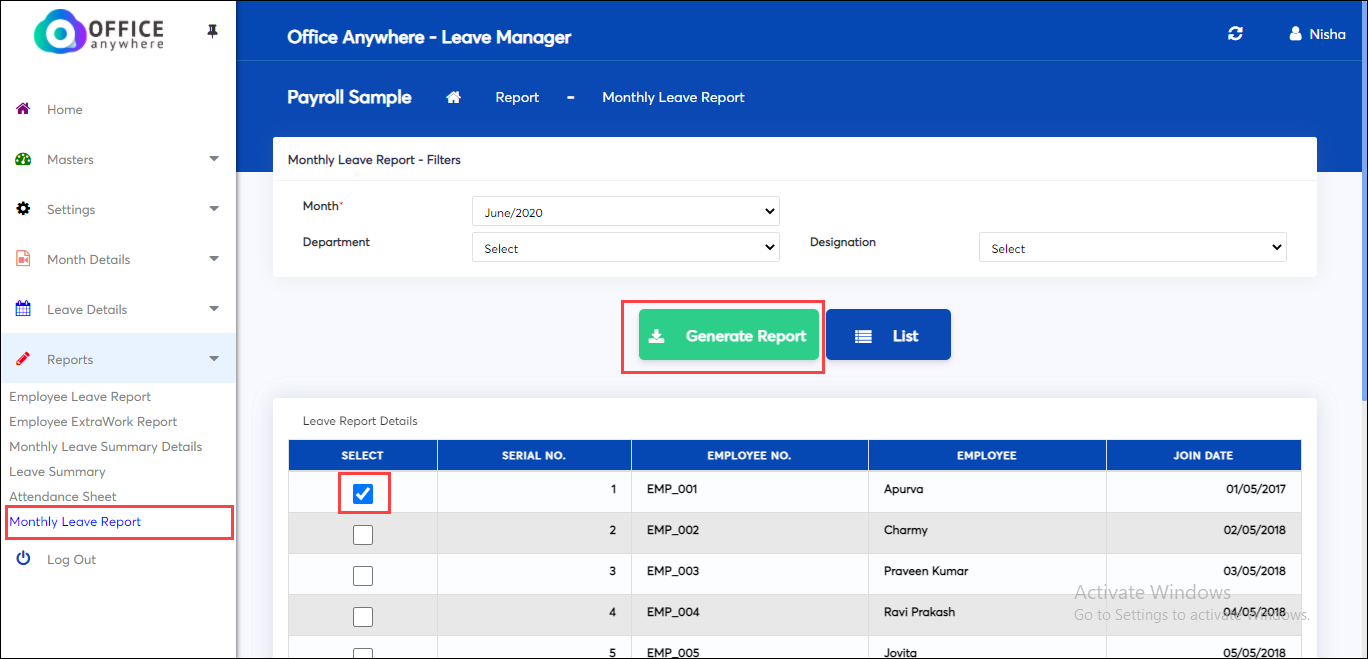 Generate monthly leave report in online payroll software