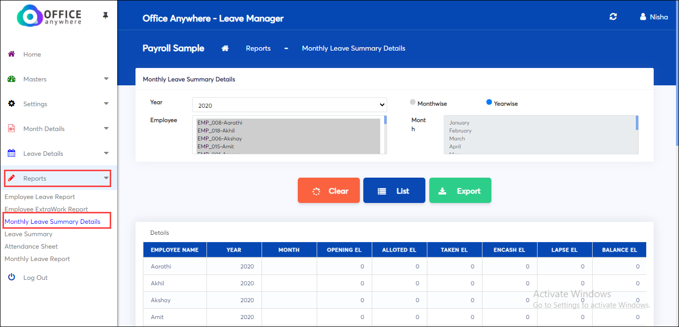 Monthly leave summary details in online payroll software