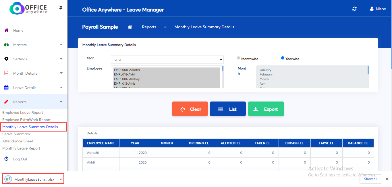 Export monthly leave summary details in online payroll software