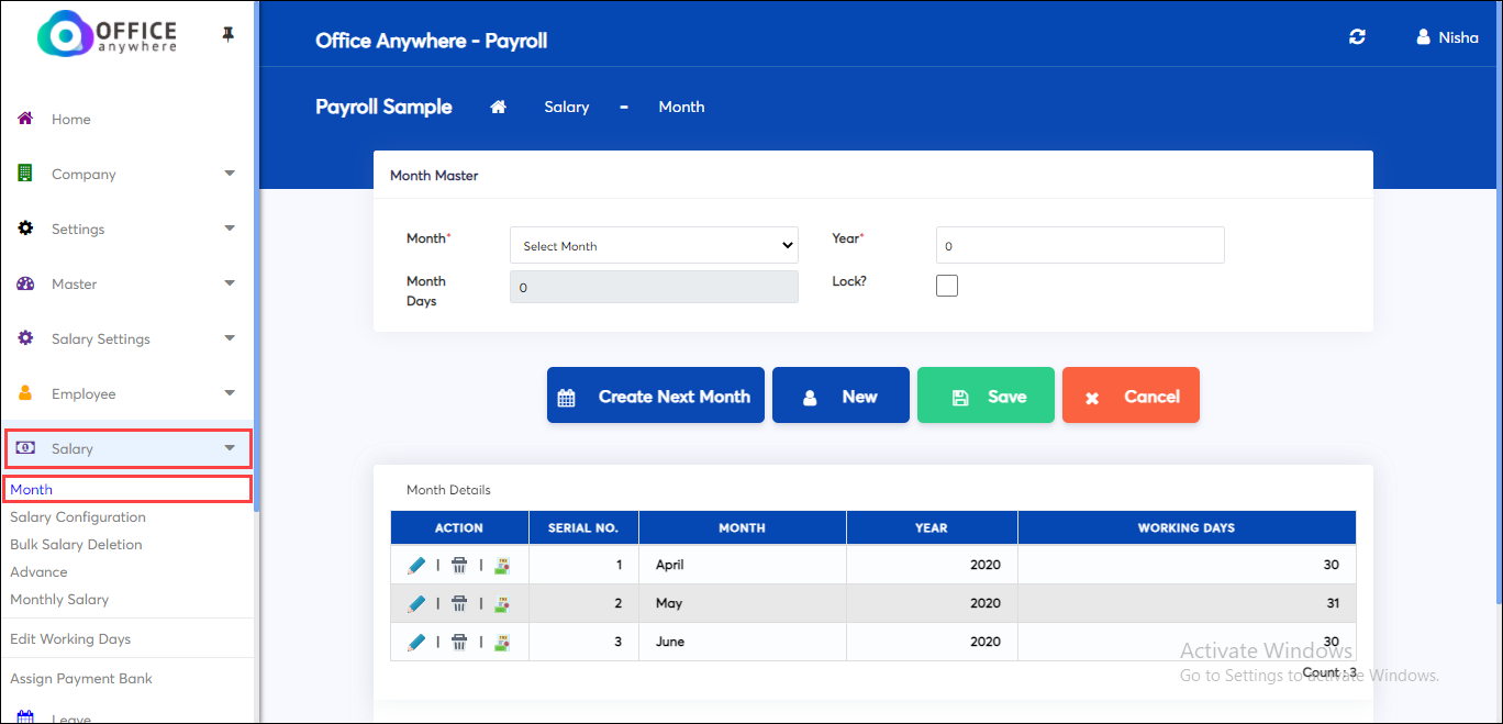 Create month in Salary calculation of Payroll softwar