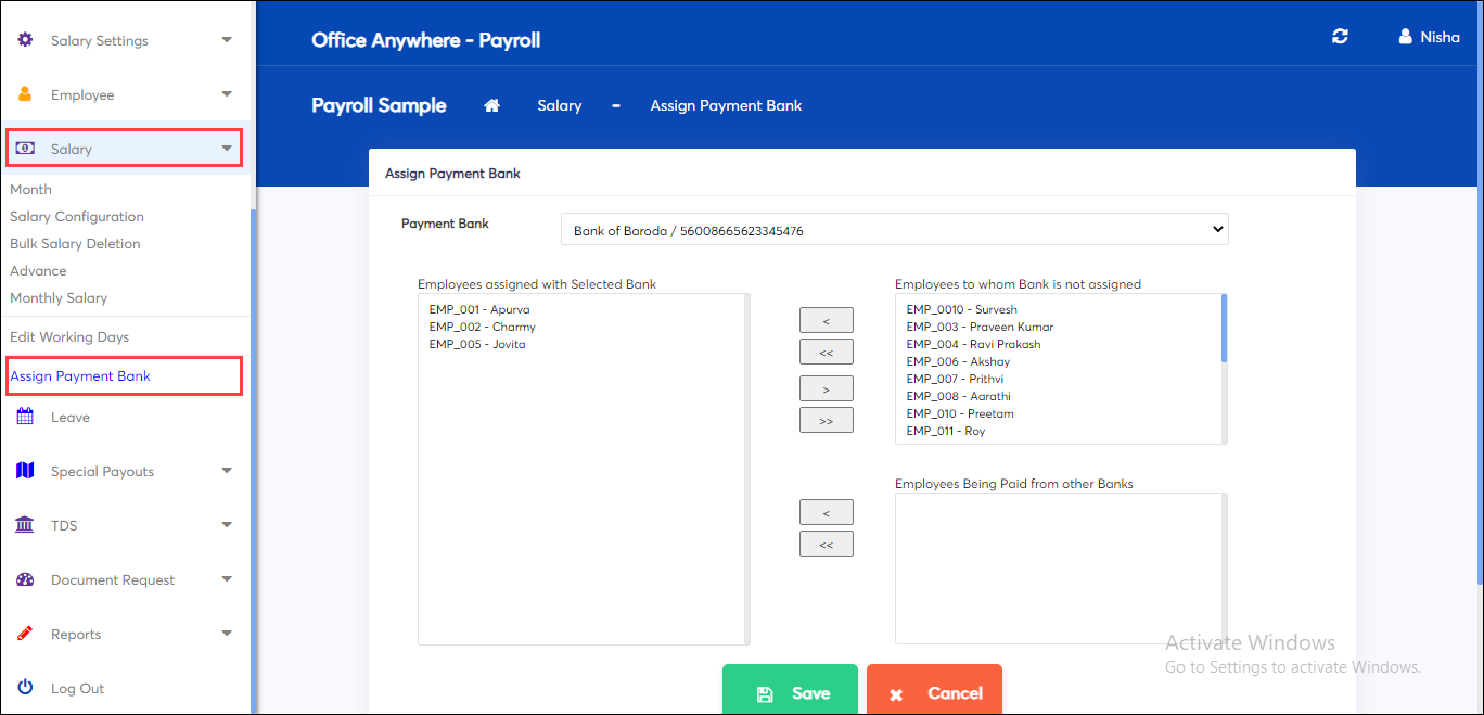 assign payment bank in payroll app online