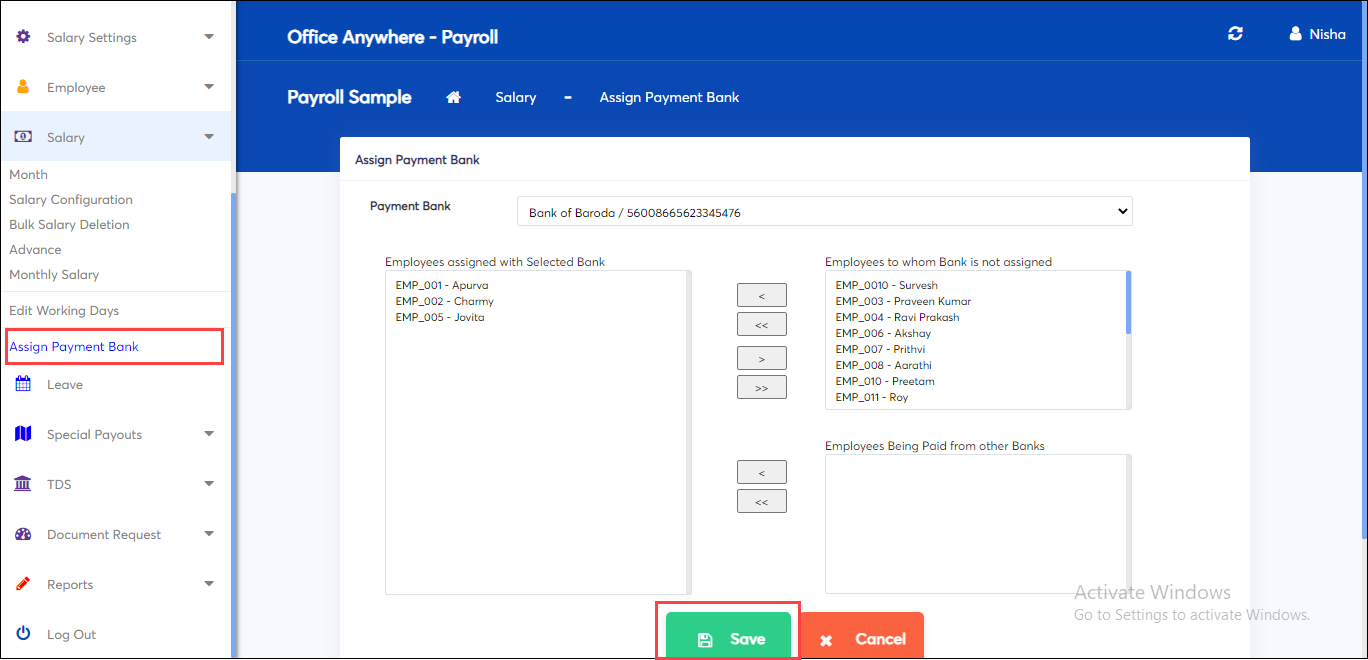 Save payment bank details in salary calculation of Payroll online