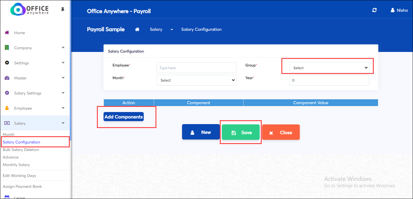 Add and save components in payroll app of officeanywhere