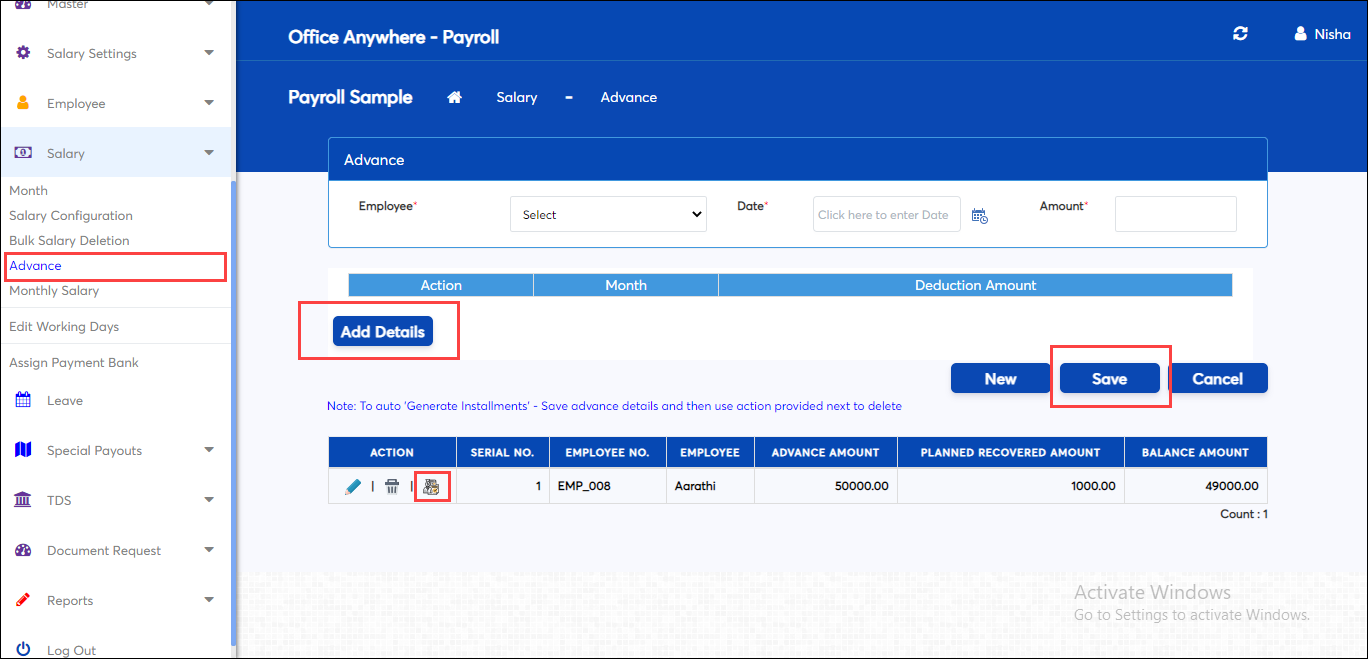 Generate instalments in payroll application online