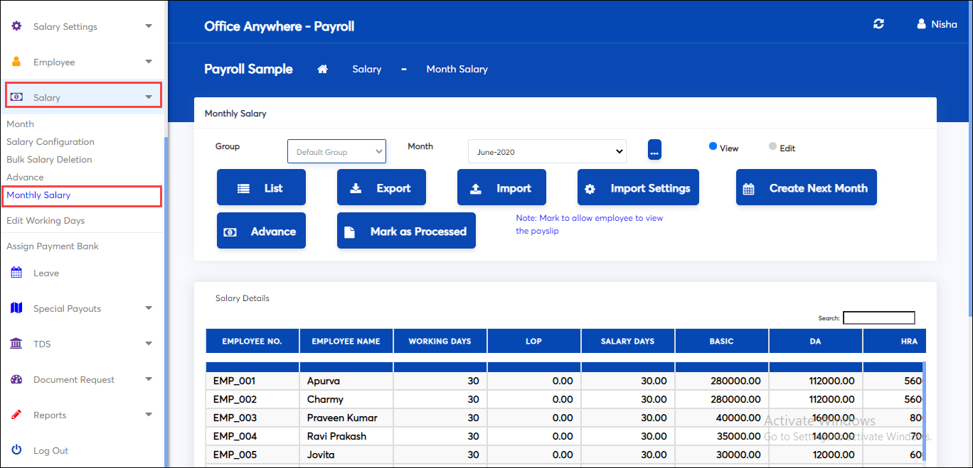 Monthly salary screen of payroll application