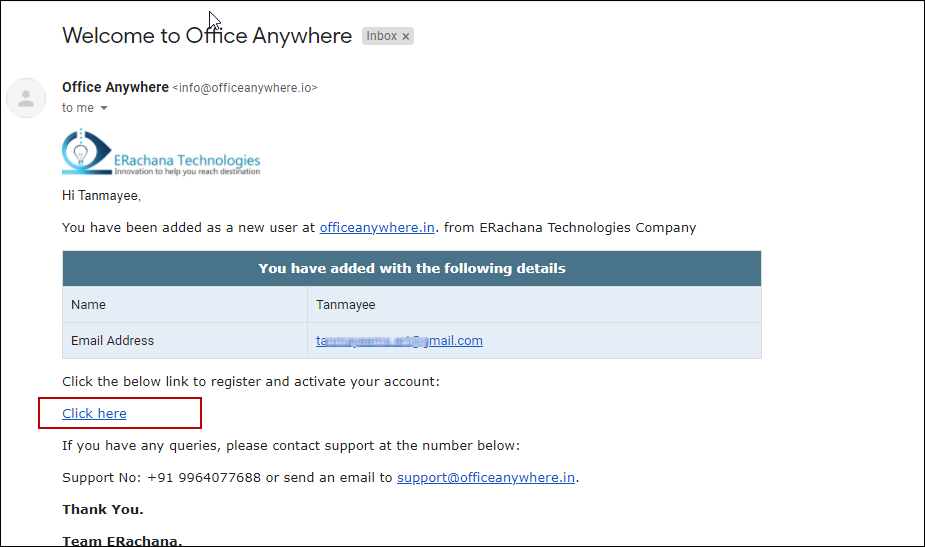 registration email of officeanywhere online