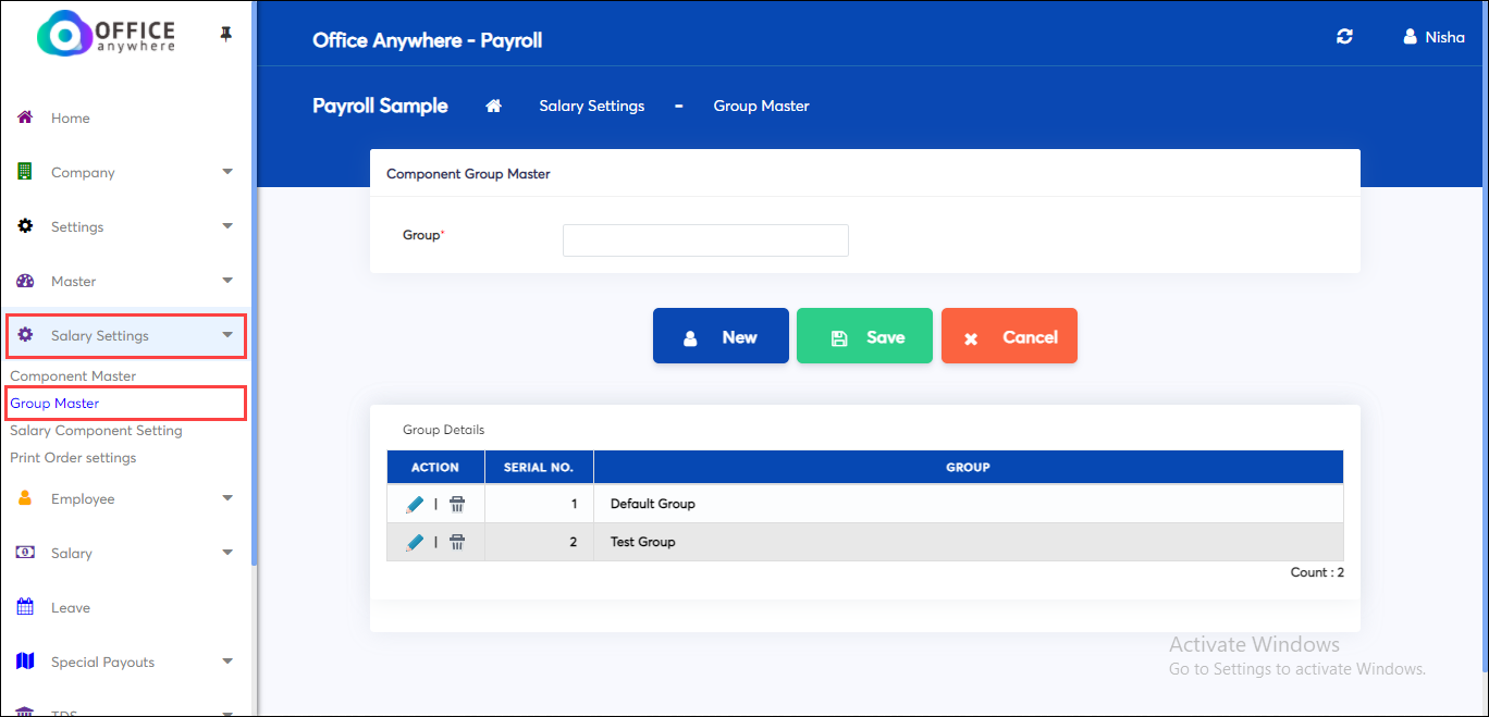 Group master screen of Salary Settings In online payroll app