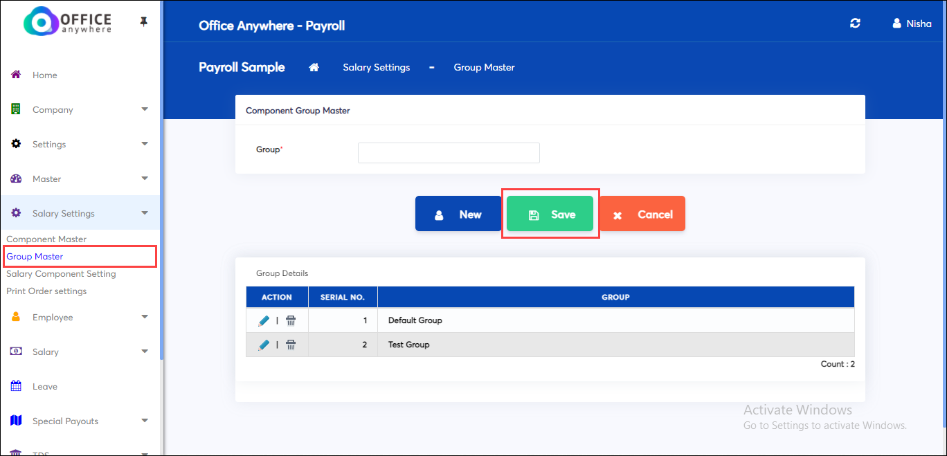 Add group name and save in Component master settings of payroll
    online