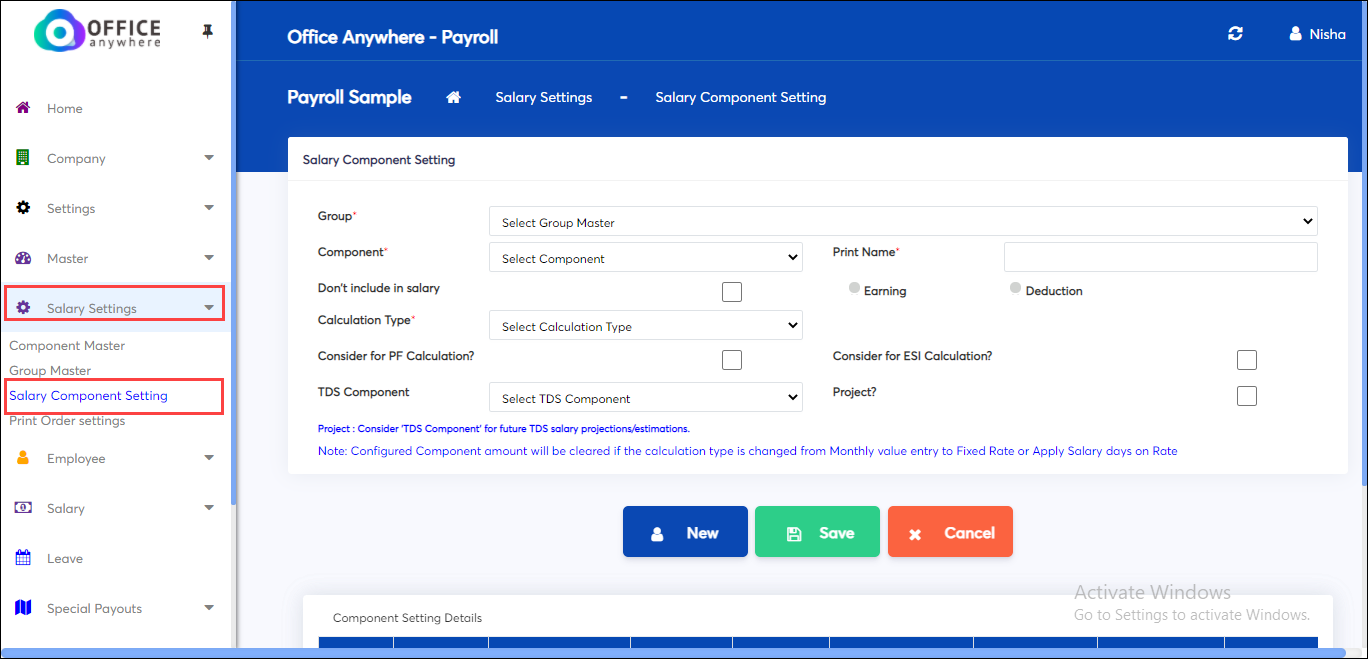 Salary component settings of Payroll app online