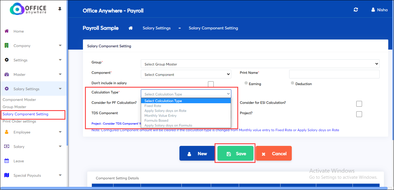 LOP settings in component screen of online payroll app