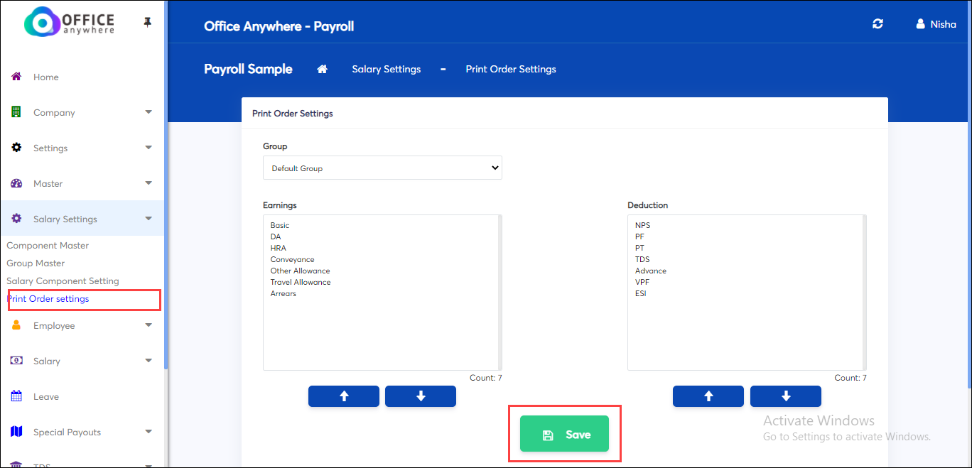 Change order of component in component setting screen of payroll