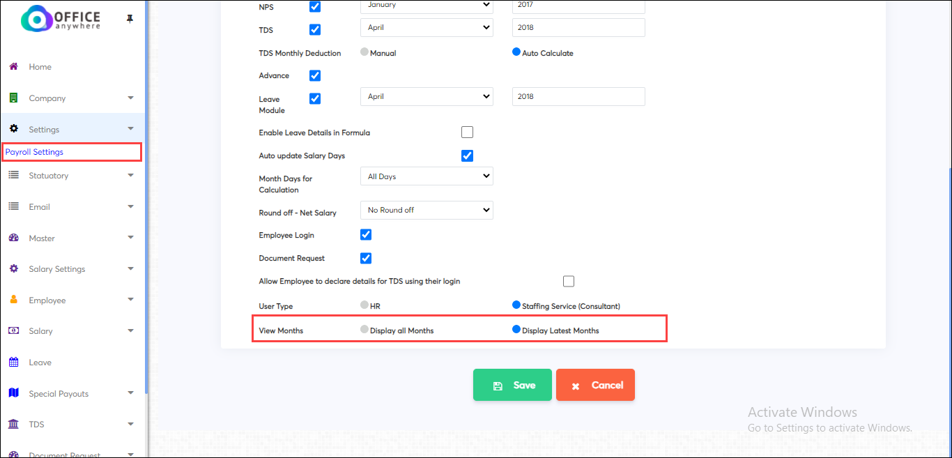 Month display settings in payroll application