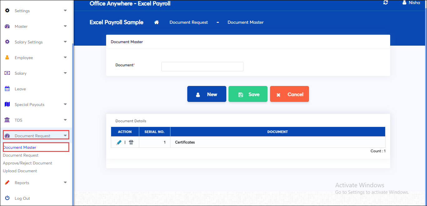 Document Request & Approval in excel payroll