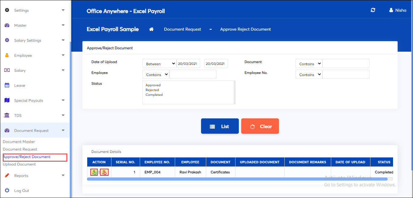 List the documents in document request screen of excel payroll