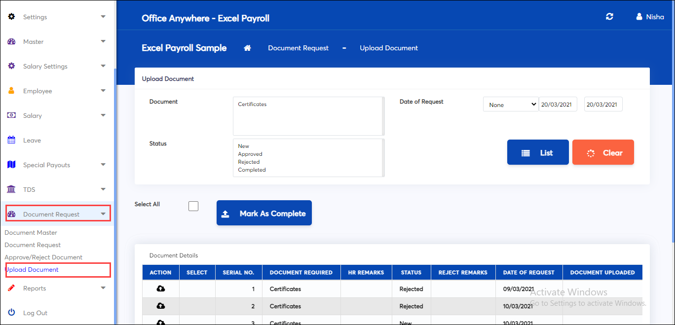 Upload document in document request screen