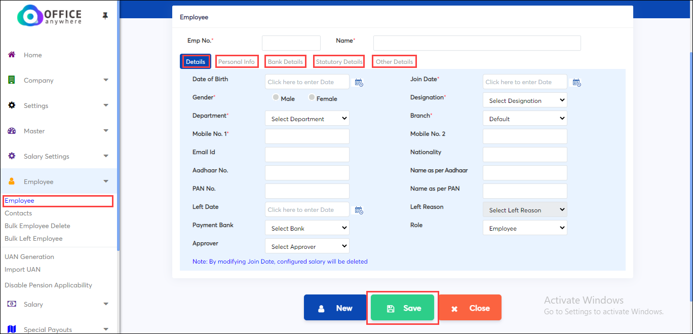 Employee Personal Details entry screen in Payroll Software