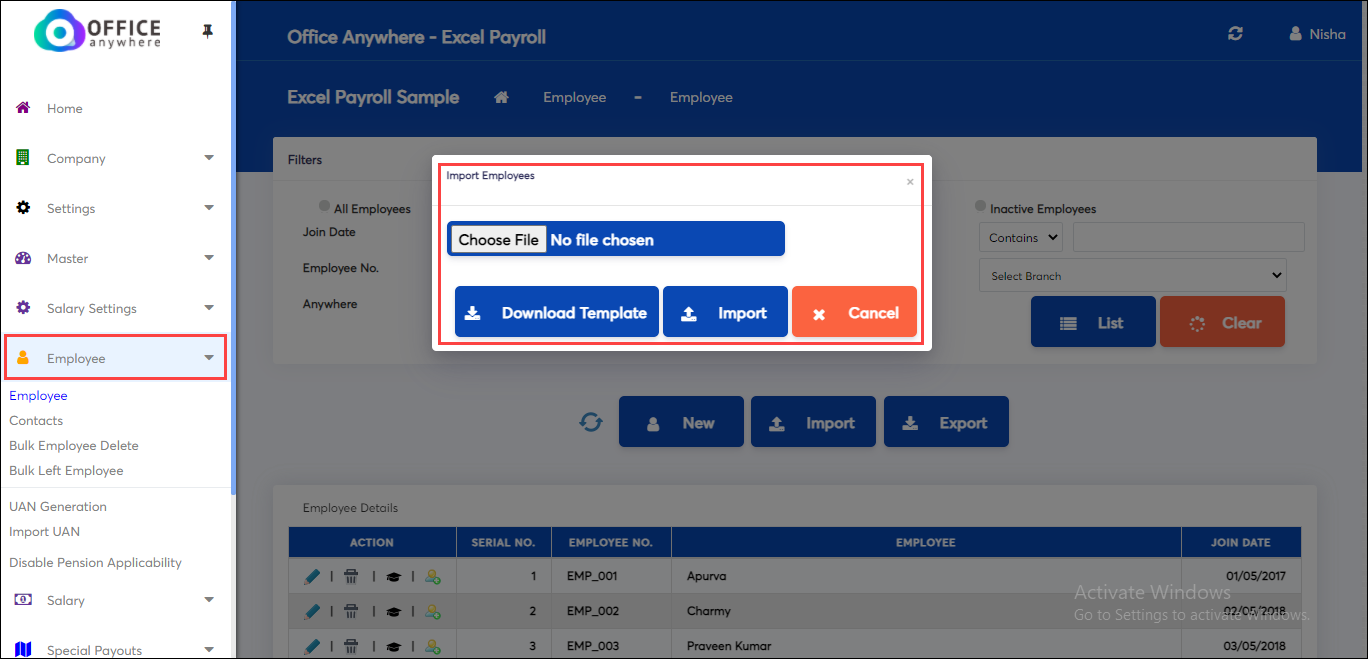 Choose Ecel Sheet for Employee Detais in Excel Payroll Software
