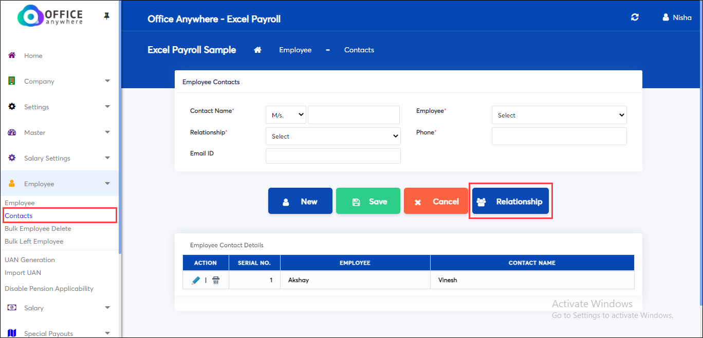 Relationship Screen in Employee Master & Details